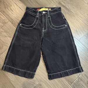 JNCO Jean Denim Shorts Jet Black Twin Cannon Baggy‎ VTG Y2K Streetwear Skater 26